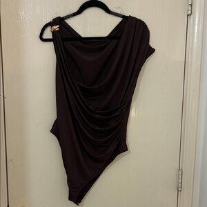 Elegant Brown Draped One-Shoulder Bodysuit